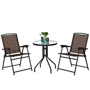 Goplus Op3684 3pc Bistro Patio Garden Furniture Set 2 Folding Chairs Glass Table Top Steel New