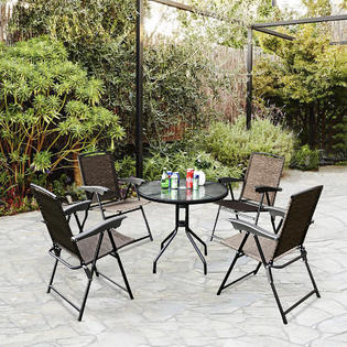 Goplus Op3685op3687 5pc Bistro Outdoor Patio Furniture Set Glass Table W 4 Folding Adjustable Chairs