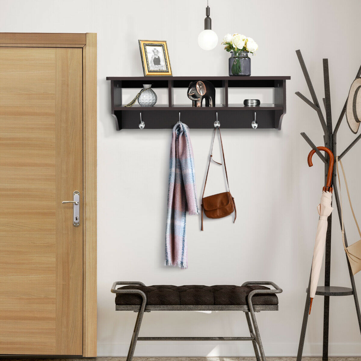 Goplus Wall Mount Coat Rack Storage Shelf Cubby Organizer Hooks