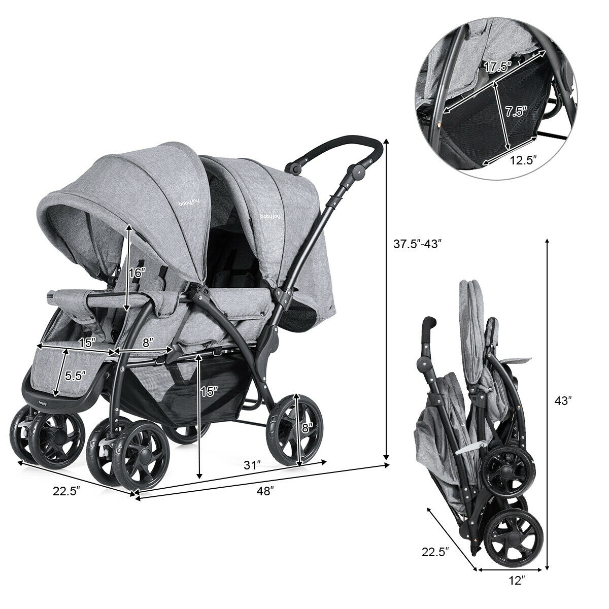 foldable double baby stroller lightweight front & back seats pushchair
