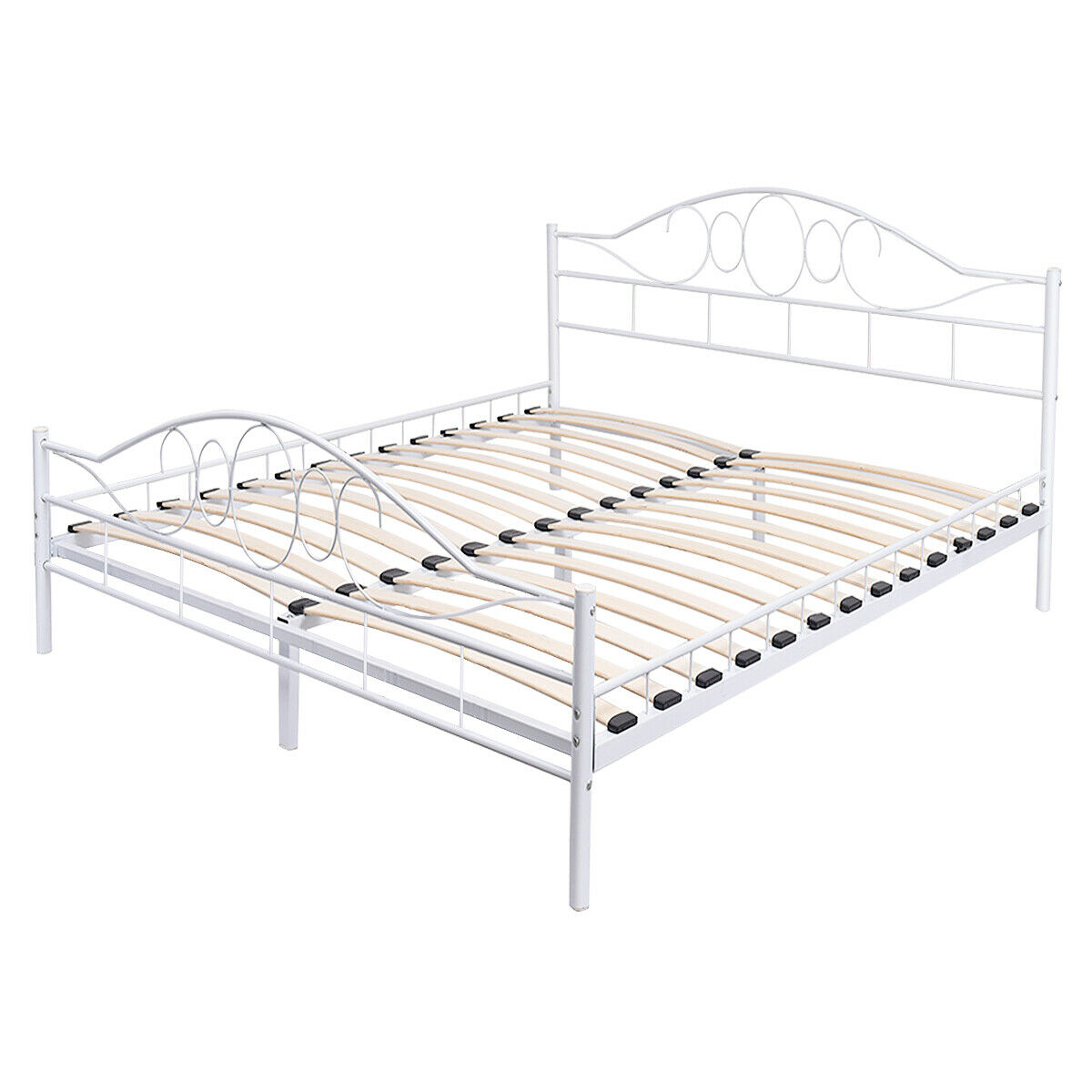 Goplus Queen Size Wood Slats Steel Bed, White Queen Size Bed Frame With Headboard And Footboard