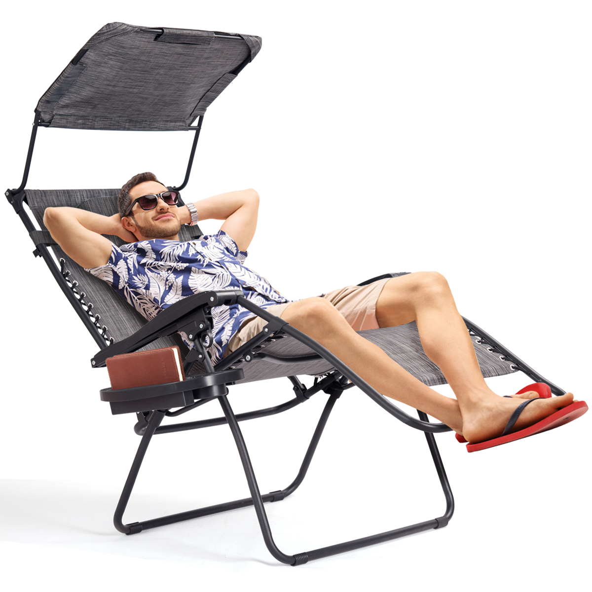 Goplus Op3567gr Folding Recliner Zero, Oversized Zero Gravity Chair With Folding Canopy Shade Cup Holder