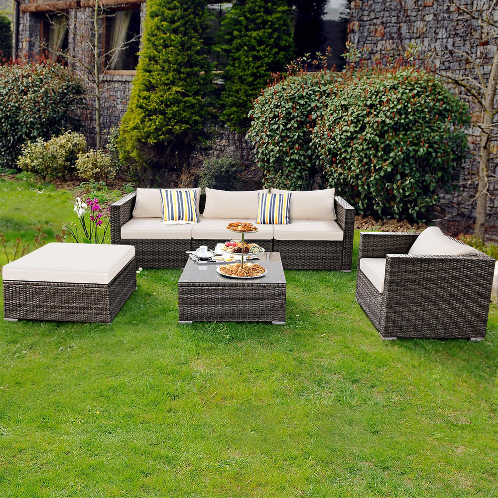 Goplus 6PC Patio Rattan Wicker Furniture Set Sectional Sofa Couch W/2