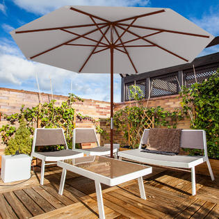 Goplus Op3123 Adjustable 10ft Wooden Umbrella Wood Pole Outdoor Patio Garden Sun Shade Beige