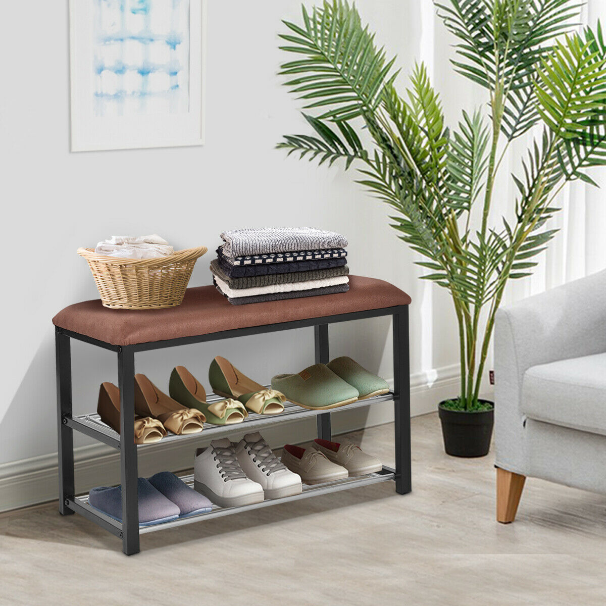 Goplus 2 Tier Shoe Storage Rack Bench Shelf Soft Seat Stool