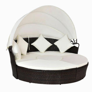 Goplus Hw54808 Outdoor Patio Canopy Cushioned Daybed Round Retractable Rattan Furniture Set