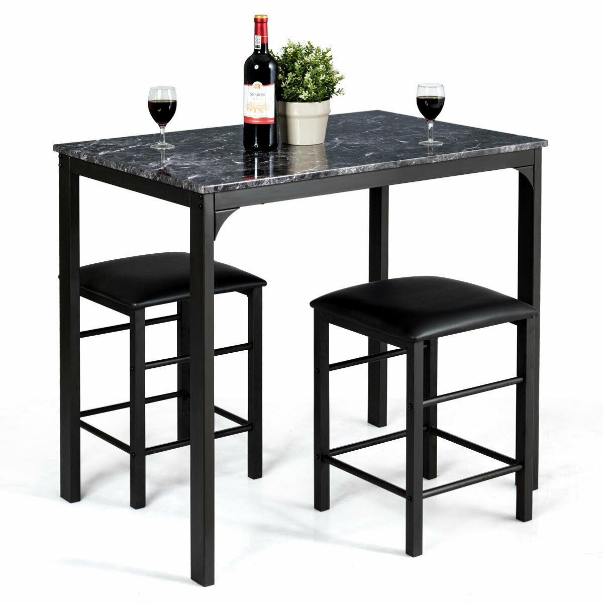 Black Marble Bar Table costway 3 piece counter height dining set faux marble table 2 chairs kitchen bar black
