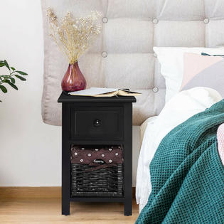 Goplus 2 Pcs 2 Tier Nightstand 1 Drawer Bedside End Table Organizer Wood W Basket Black