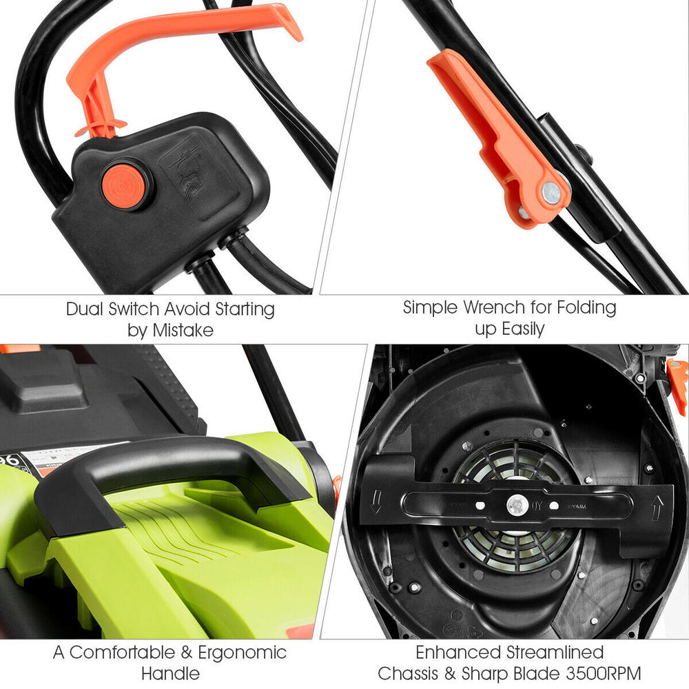 Costway 14Inch 12Amp Lawn Mower w/Folding Handle Electric Push Lawn