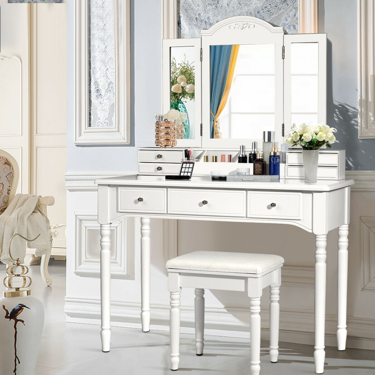 white mirrored dressing table