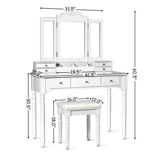 Costway Vanity Set W 7 Drawers Tri Folding Necklace Hooked Mirror