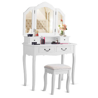 Goplus Tri Folding Mirror White Wood Vanity Set Makeup Table