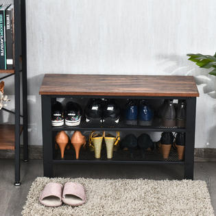 Costway 3 Tier Shoe Rack Industrial Shoe Bench With Storage Shelves For Livingroom Brown