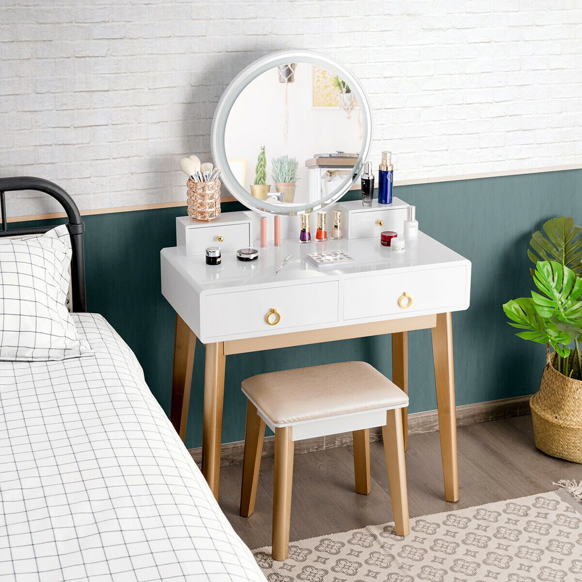 Costway Makeup Vanity Table Set 3 Color Lighting Modes Jewelry