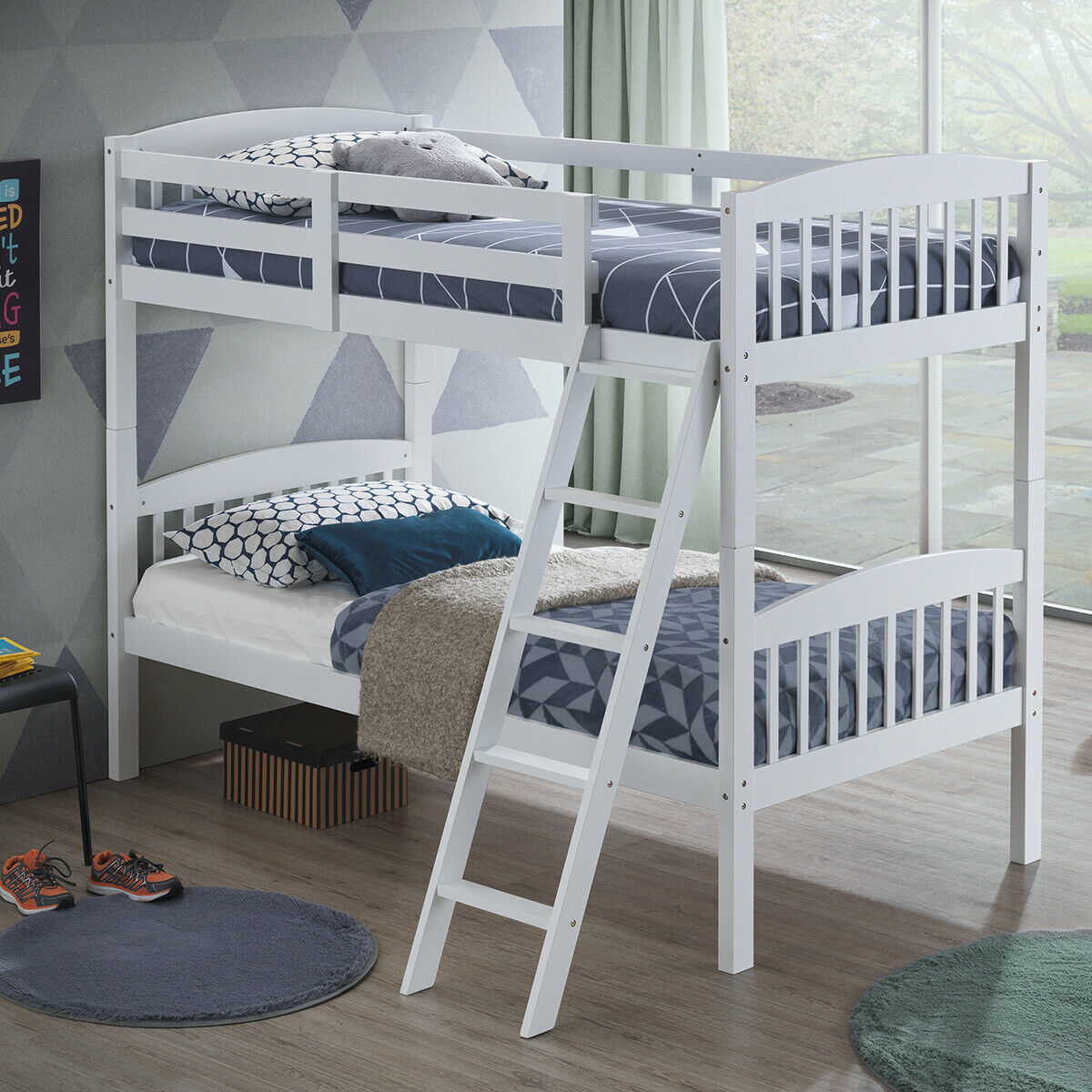 Costway Wood Hardwood Twin Bunk Beds, White Bunk Bed Ladder