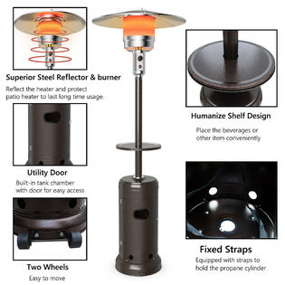Costway HW61848CP Outdoor Patio Heater Propane Standing LP Gas Steel  W/Table u0026 Wheels Bronze