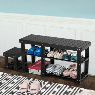 Costway Bamboo Shoe Rack Bench With Stool Entryway 3 Tier Storage Organizer Black