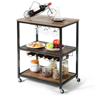 Costway 3 Tier Rolling Kitchen Cart Utility Serving Bar Cart W Glass Holder Wine Rack