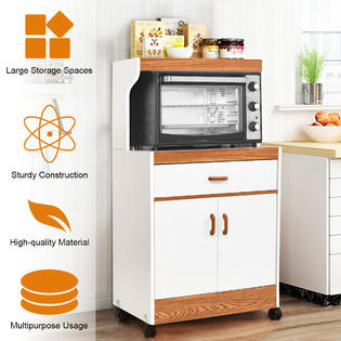 Goplus Microwave Cart Stand With Drawer And Two Doors Cabinet Storage Shelves Rolling
