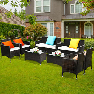 Costway 2hw62362 8 Pcs Patio Garden Rattan Furniture Set Coffee Table Cushioned Sofa Brown