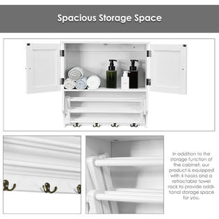 Costway Bathroom Wall Cabinet W Towel Bar And Stretchable Shelf Storage Pine Rack White
