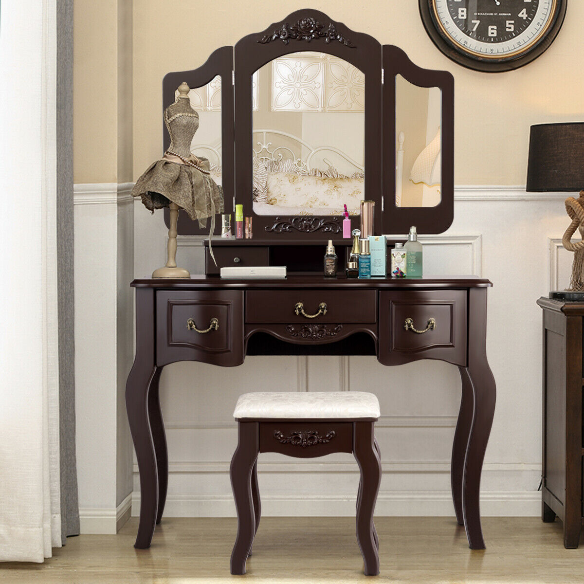 Costway Folding Vintage Vanity Table Makeup Dressing Table Set 5