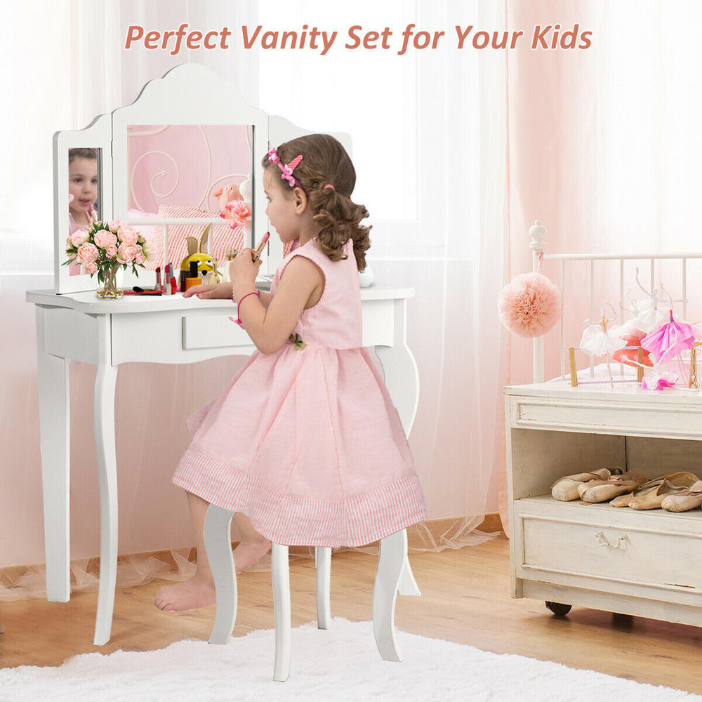 Costway Vanity Table Makeup Dressing Table Set  Kids Girls With Stool Mirror