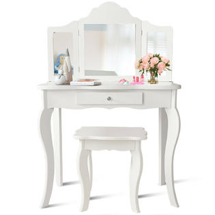 Costway Vanity Table Makeup Dressing Table Set Kids Girls With Stool Mirror