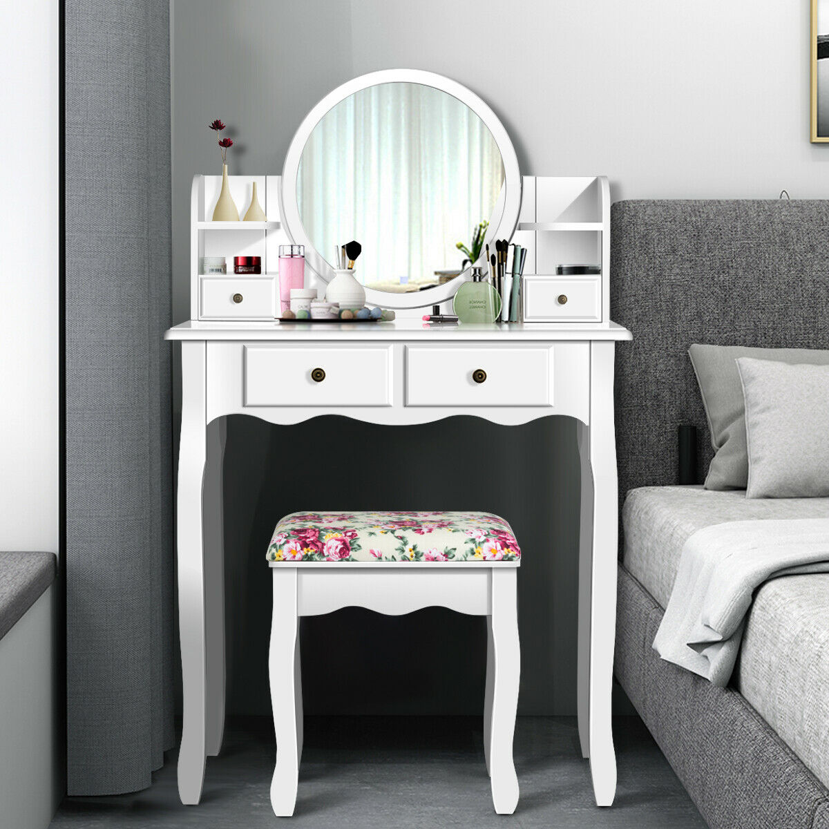 Costway Vanity Table Set W Drawers Mirror Girls Makeup Dressing