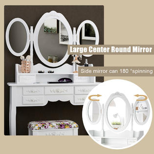 Costway Vanity Makeup Dressing Table Set W 7 Drawer Stool Set Tri