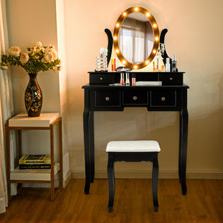 Costway Vanity Set Makeup Dressing Table W 5 Drawers Lighted
