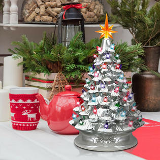 Costway 15 Hand Painted Ceramic Tabletop Christmas Tree Prelit Battery Powered Silver