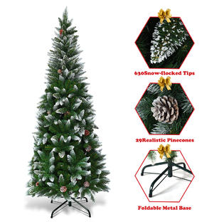 Costway 6ft Snow Flocked Unlit Artificial Pencil Christmas Tree Hinged W Pine Cones