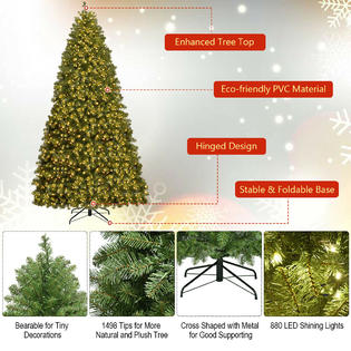 Goplus 8ft Pre Lit Artificial Pvc Christmas Tree Spruce Hinged W 880 Led Lights Stand
