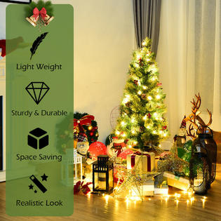 Goplus 3ft Pre Lit Christmas Entrance Tree W 40 Led Lights Red Berries Pine Cones New