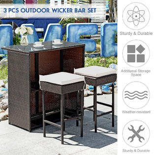 Costway Hw62380wh 3pcs Patio Rattan, Outdoor Wicker Bar Table And Stools