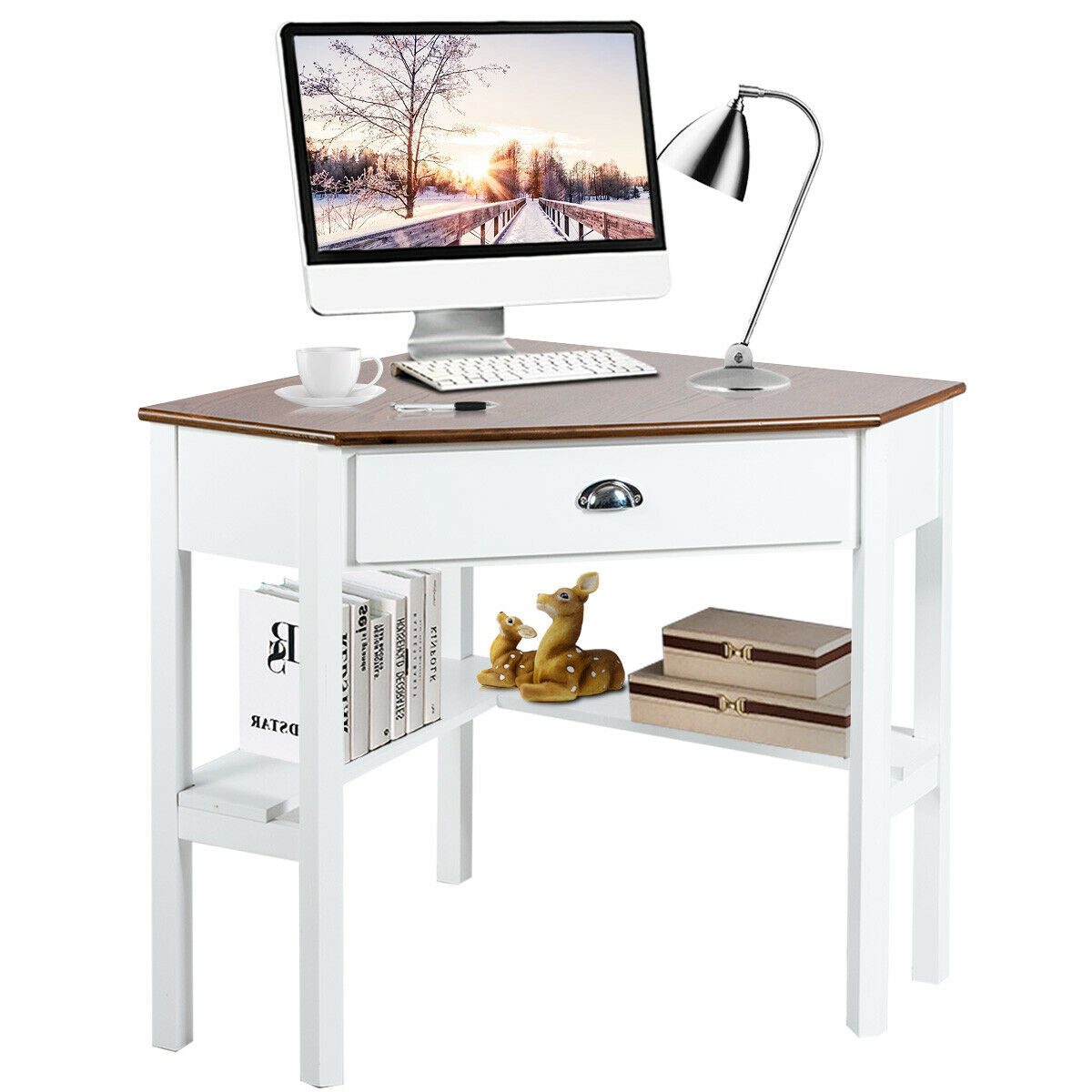 Costway Corner Computer Desk Laptop Writing Table Workstation W Drawer Shelves White Sears
