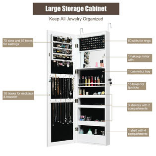 Costway Lockable Wall Door Mounted Mirror Jewelry Cabinet Armoire Organizer W Led Lights