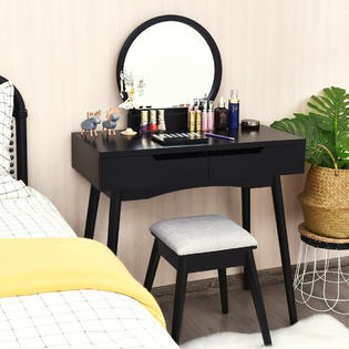 Costway Black Makeup Vanity Table Set W Round Mirror 2 Sliding Drawers Dressing Table