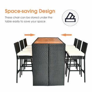 Costway Hw63219 7 Pcs Patio Rattan Wicker Bar Dining Furniture Set Wood Table Top 6 Stools