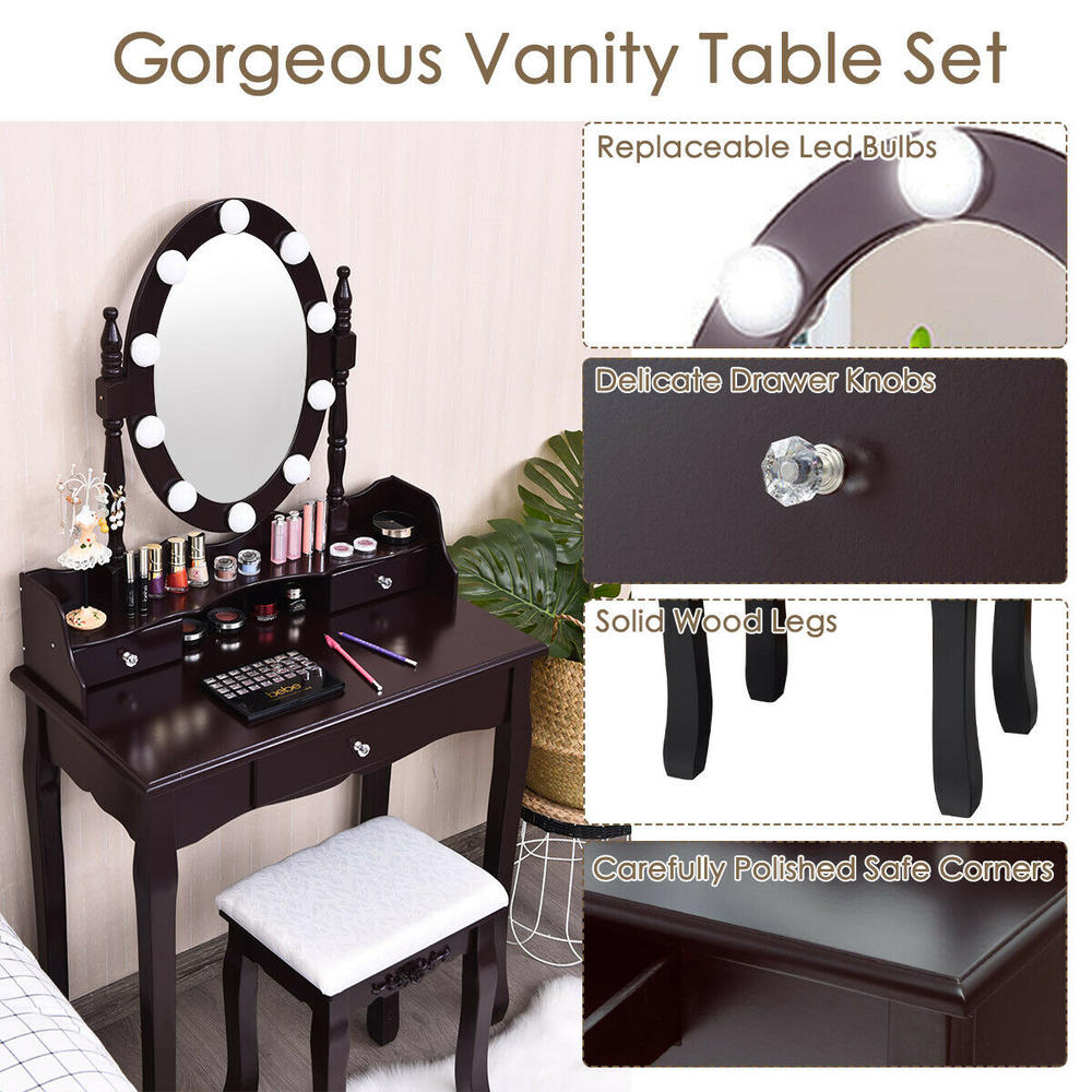 Costway Brown Makeup Vanity Dressing Table Set w/10 Dimmable Bulbs and Touch Switch