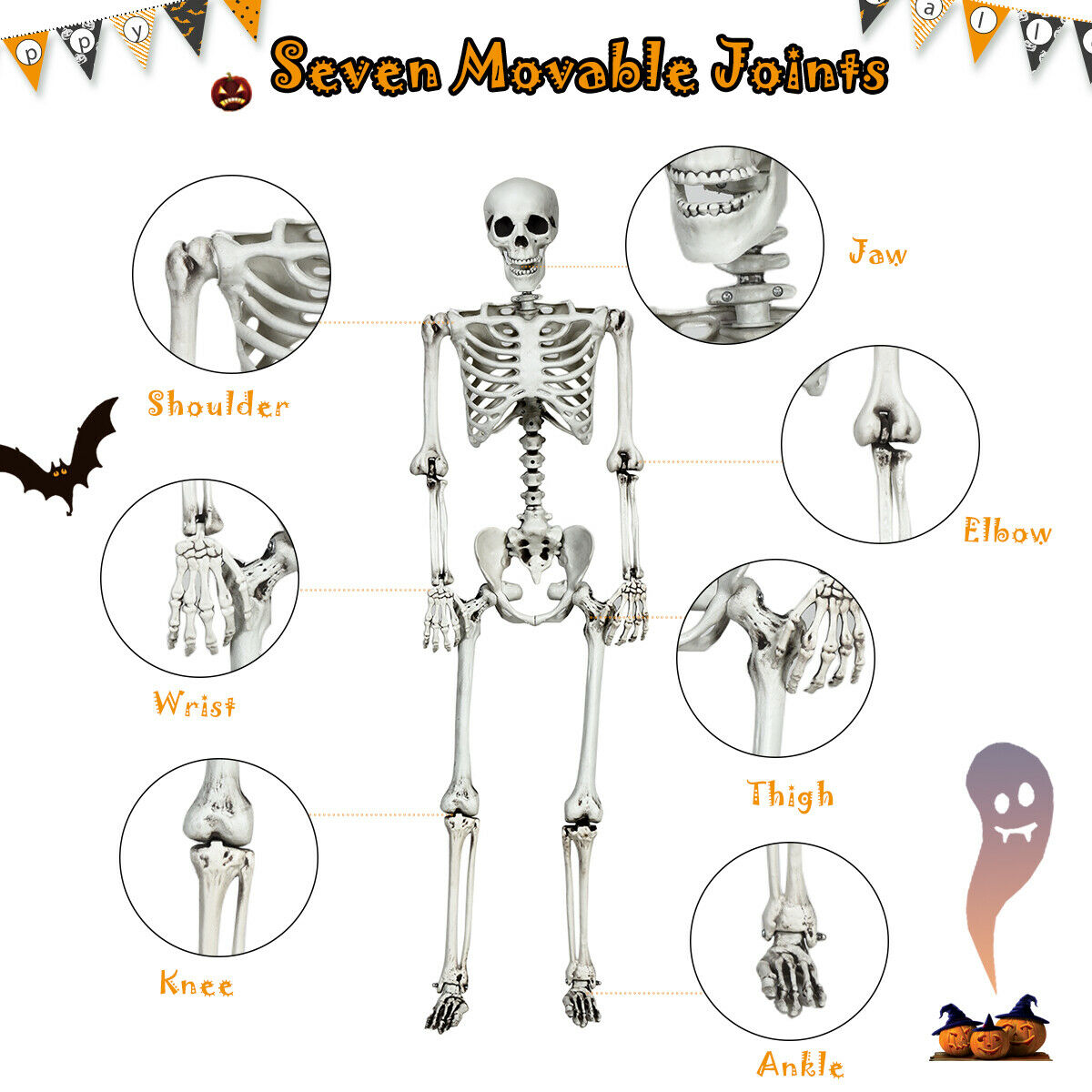 Costway Costway 5.4ft Halloween Skeleton Life Size Realistic Full Body  Hanging w/ Movable Joints Seasonal Decoration