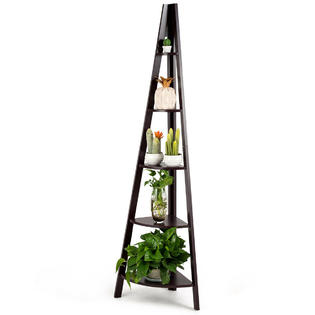 Costway Brown 5 Tier Corner Ladder Shelf Floor Stand Shelves