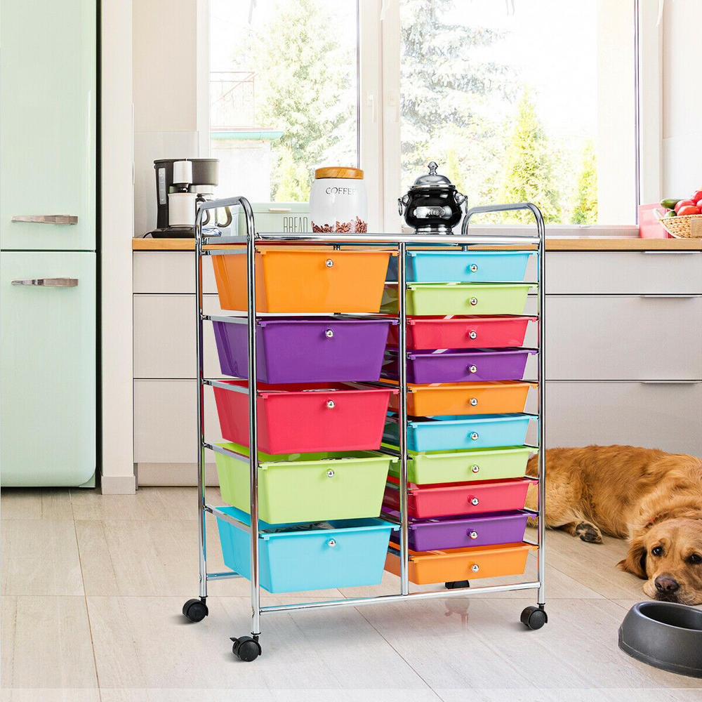 Costway 15 Drawer Rolling Storage Cart Storage Rolling Carts Opaque Multicolor Drawers