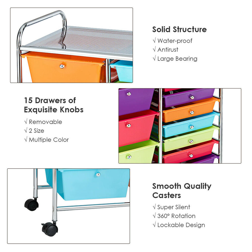 Costway 15 Drawer Rolling Storage Cart Storage Rolling Carts Opaque Multicolor Drawers