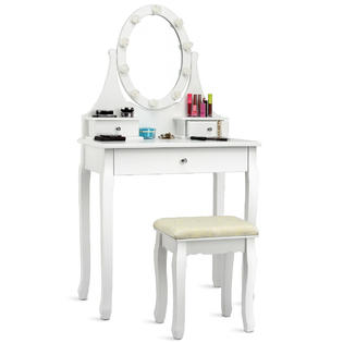 Goplus 3 Drawers Vanity Makeup Dressing Table Stool Set Lighted