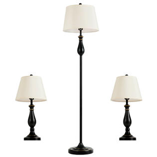 Costway 3 Piece Lamp Set 2 Table Lamps 1 Floor Lamp Matt Black Vintage Home Bedroom