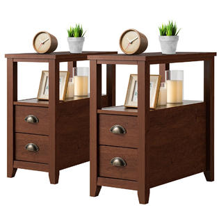 Costway Set Of 2 End Table W 2 Drawer Shelf Narrow Chair Side Nightstand Brown