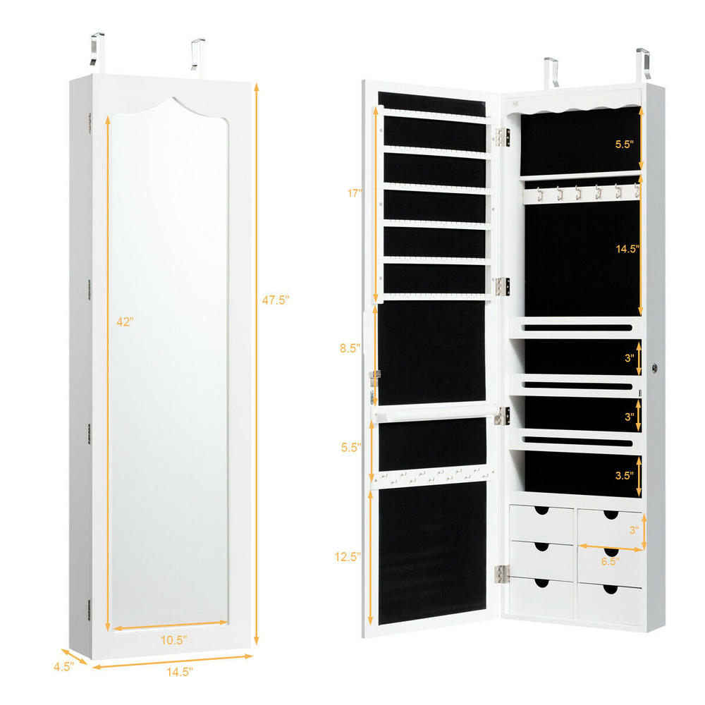 Costway White Wall Door Mounted LED Mirror Jewelry Cabinet Lockable Armoire w/6 Drawers