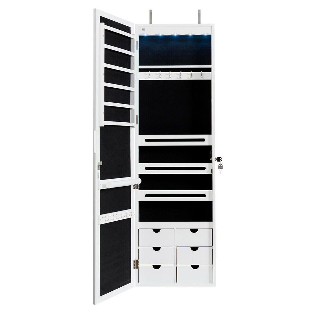 Costway White Wall Door Mounted LED Mirror Jewelry Cabinet Lockable Armoire w/6 Drawers
